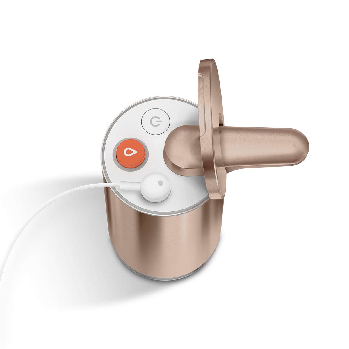 Detail view of Simplehuman Rose Gold Foam Sensor Pump top showing magnetic charging cable, power control, and dose buttons.
