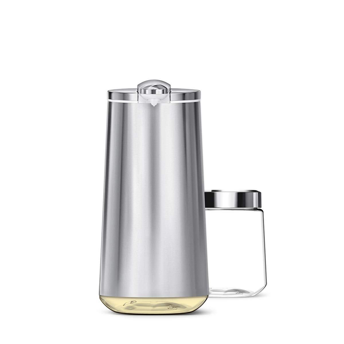 Simplehuman Brushed Stainless Steel Foam Sensor Pump, showing clear soap window and refill bottle, touch-free foaming.