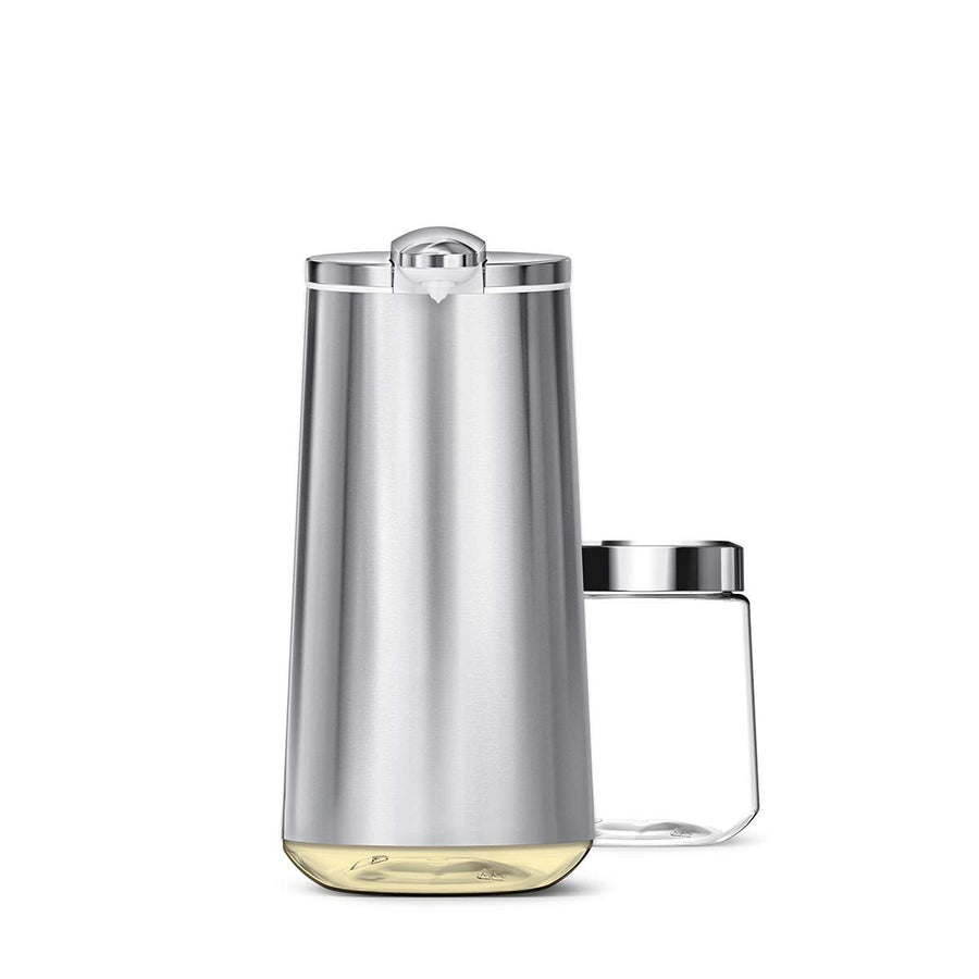 Simplehuman Brushed Stainless Steel Foam Sensor Pump, showing clear soap window and refill bottle, touch-free foaming.