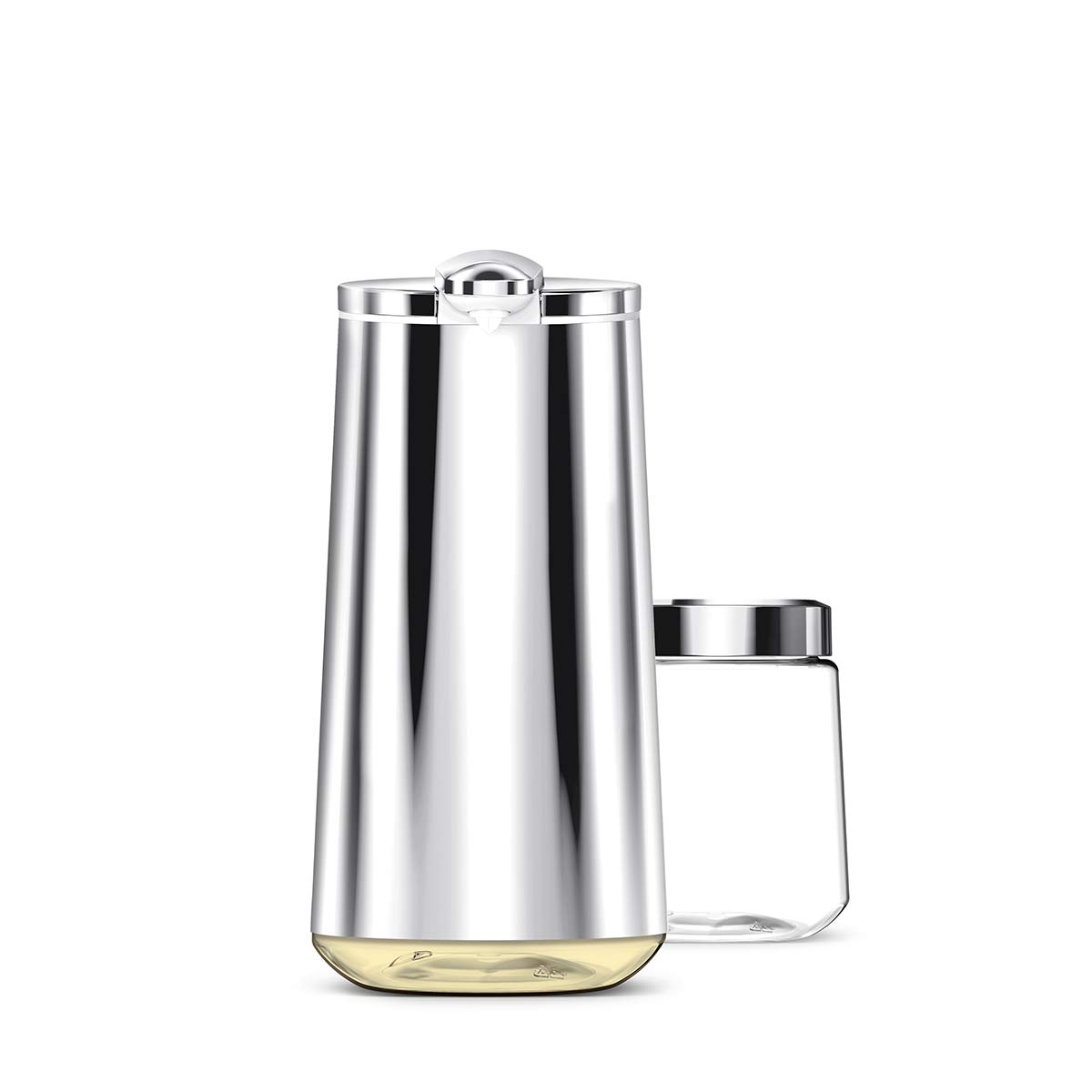 Front view of Simplehuman Polished Stainless Steel Foam Sensor Pump and clear refill bottle, touch-free foaming dispenser.