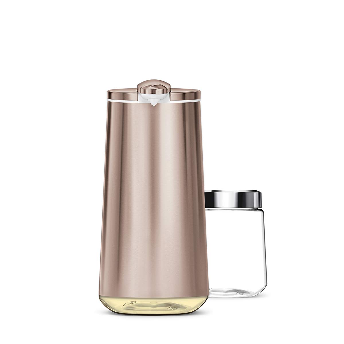 Simplehuman Rose Gold Foam Sensor Pump with clear refill bottle, touch-free automatic foaming dispenser.