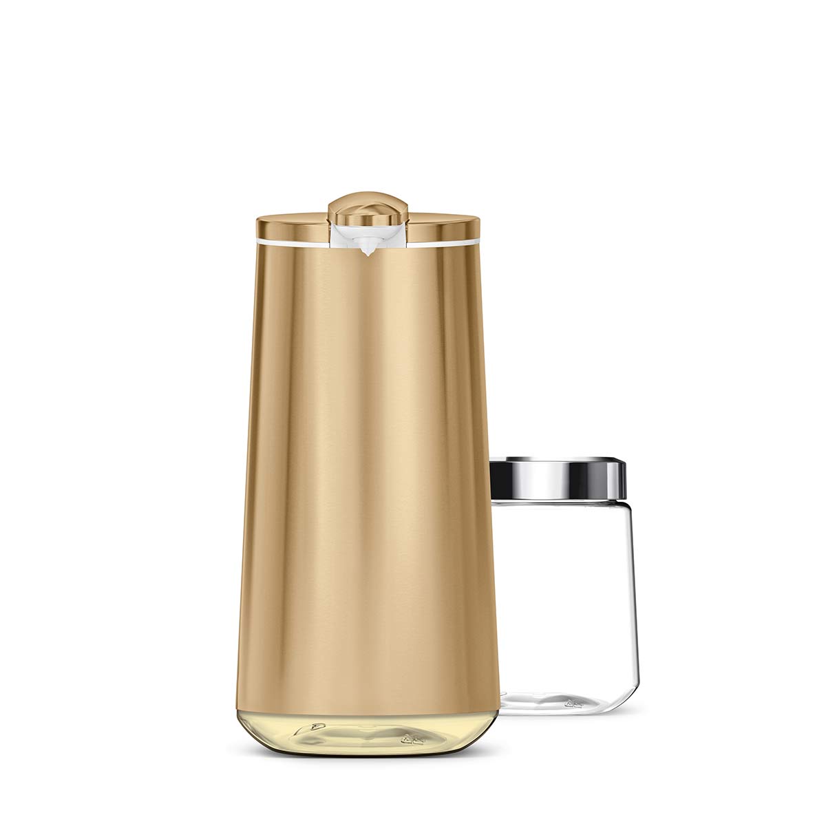 Simplehuman Brass Foam Sensor Pump, front view with clear refill bottle, touch-free foaming soap, visible soap level