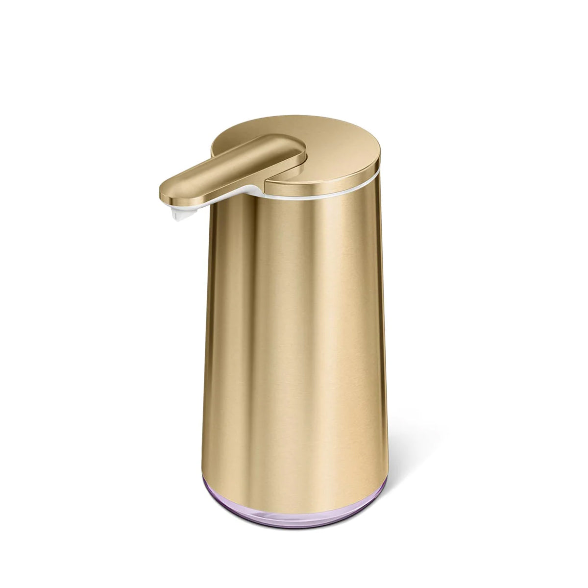 Angled view of Simplehuman Brass Foam Sensor Pump, touch-free foaming soap dispenser.