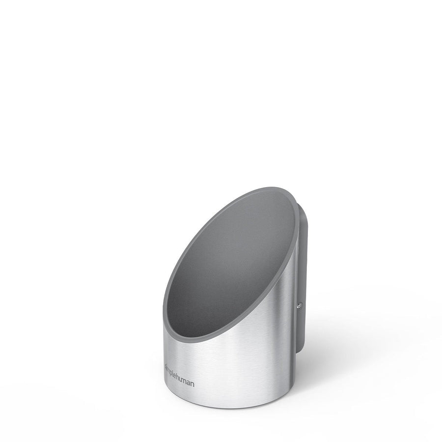 Simplehuman Liquid Sensor Pump Wall Mount Fixture in Brushed Stainless Steel, angled view, space-saving design