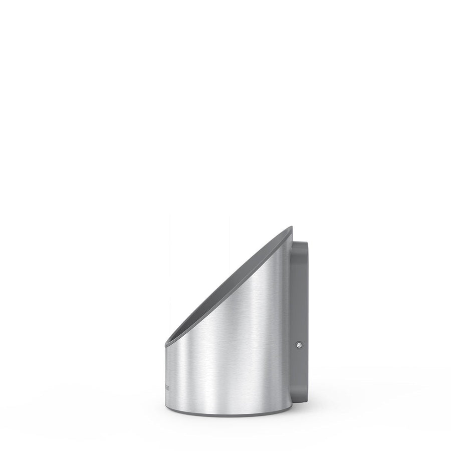Side view of Simplehuman Liquid Sensor Pump Wall Mount Fixture in Brushed Stainless Steel, space-saving.