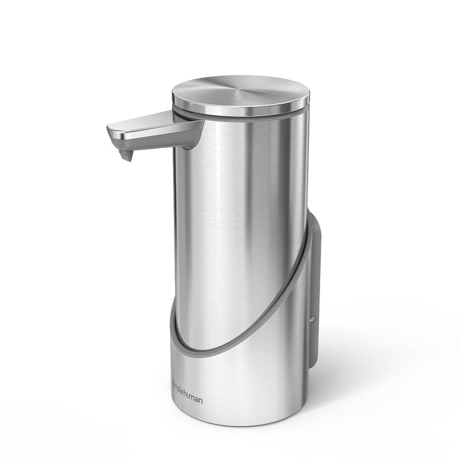 Front view of Simplehuman Liquid Sensor Pump Wall Mount Fixture, Brushed Stainless Steel, touch-free dispensing