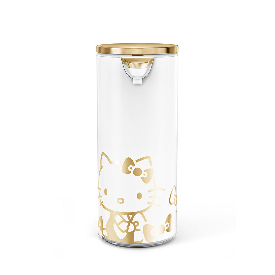 Front view: Simplehuman 9 oz. Sensor Pump (White/Brushed Brass) with gold Hello Kitty graphic, hands-free.