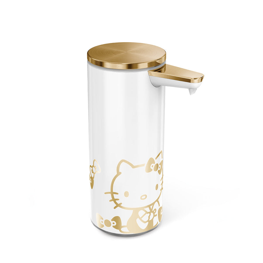 Simplehuman 9 oz. Rechargeable Sensor Pump (White/Brushed Brass), gold Hello Kitty graphic, hands-free soap dispensing.