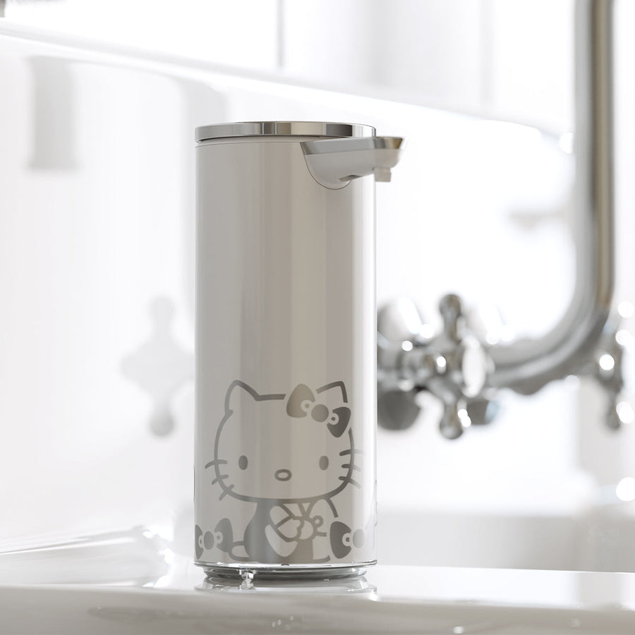 Simplehuman 9 oz. Sensor Pump (White/Polished SS) Hello Kitty edition on a white sink, touch-free operation.