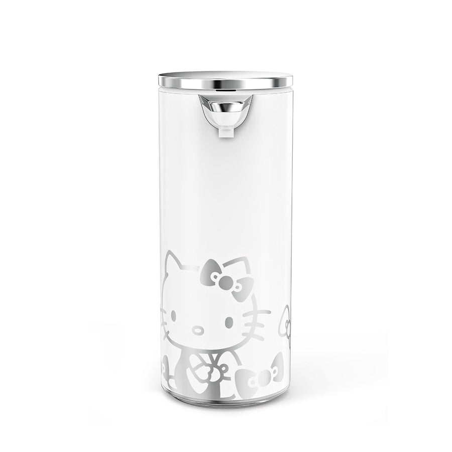 Front view: Simplehuman 9 oz. Sensor Pump (White/Polished Stainless Steel) with silver Hello Kitty graphic, touch-free operation.