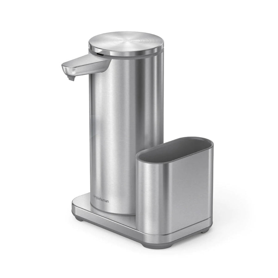Angled view of Simplehuman Brushed Stainless Steel Sensor Pump 14 oz. with Caddy, touch-free operation.