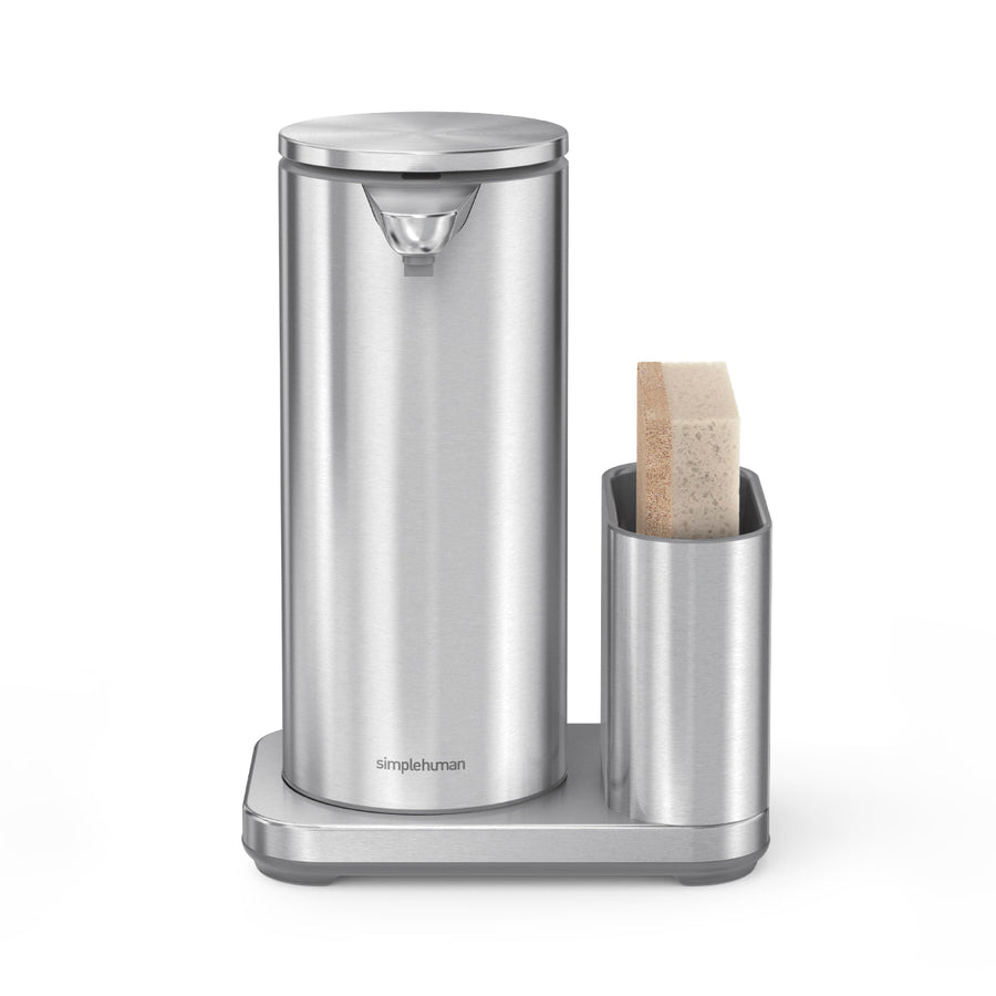 Simplehuman Brushed Stainless Steel 14 oz. Sensor Pump with integrated sponge caddy. Hands-free use.