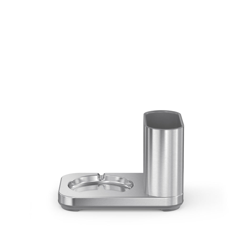 Detail view of Simplehuman Brushed Stainless Steel Soapwell Caddy base with sponge holder and utensil storage.