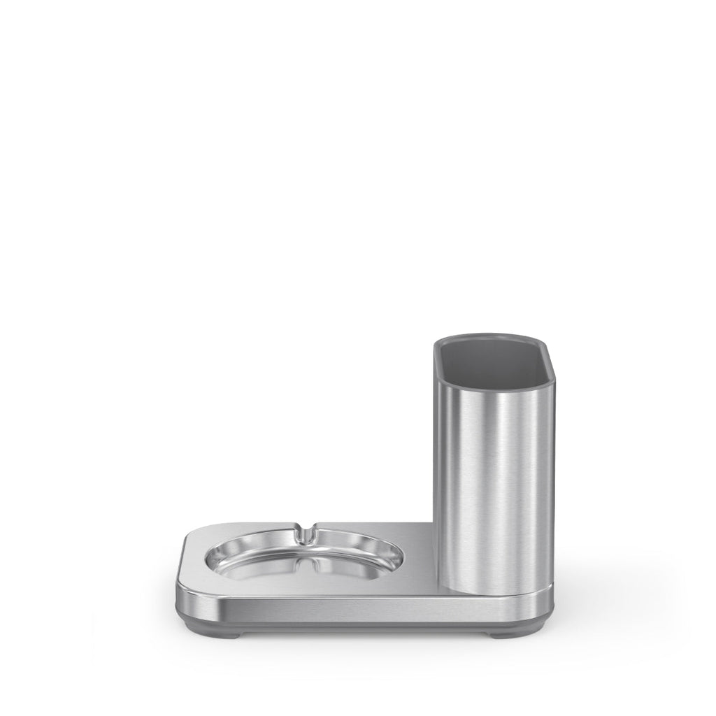 Detail view of Simplehuman Sensor Pump Caddy in Brushed Stainless Steel, featuring tool organizer and pump drip tray.