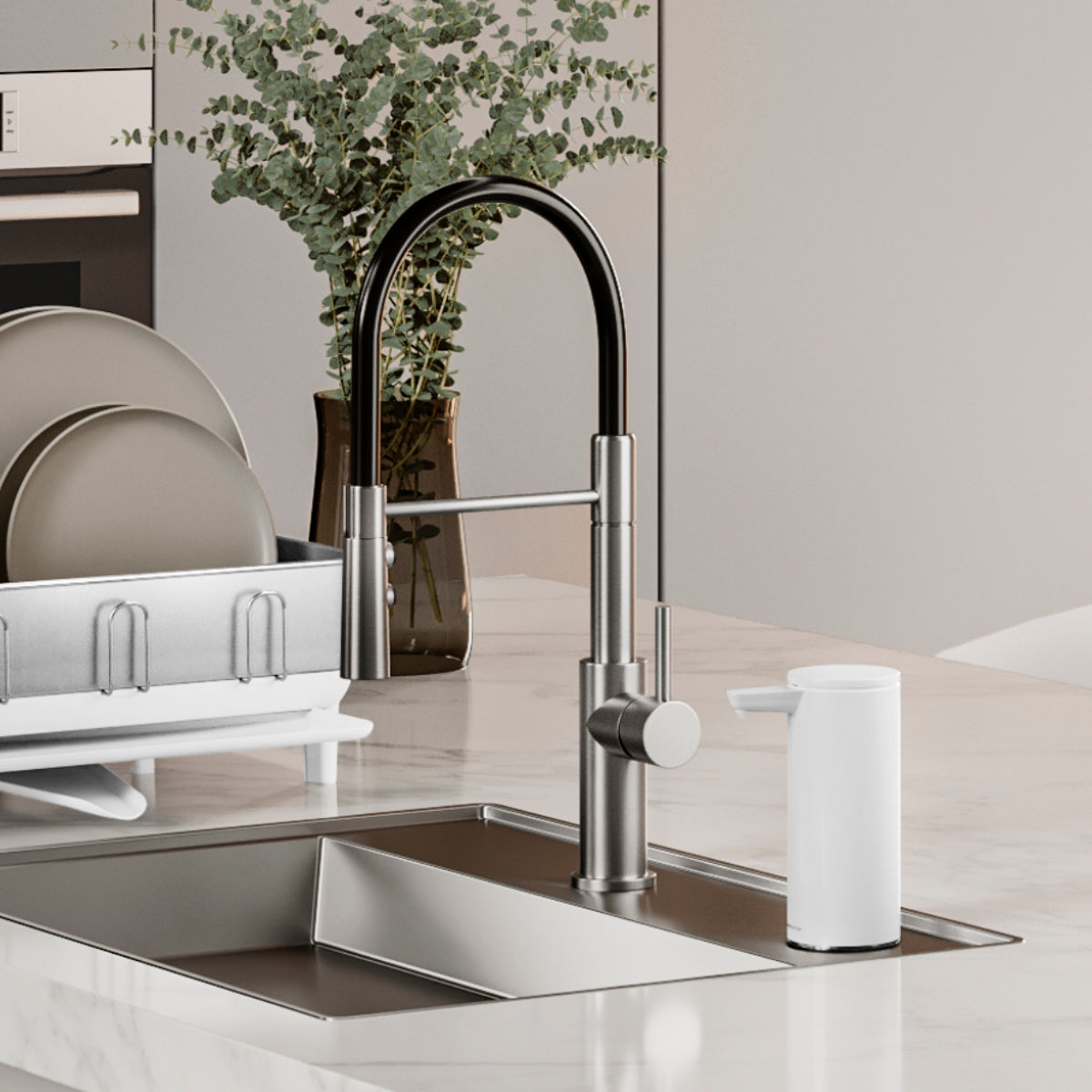 Simplehuman 9 oz. Sensor Pump, White, on modern kitchen counter near sink and dish rack.