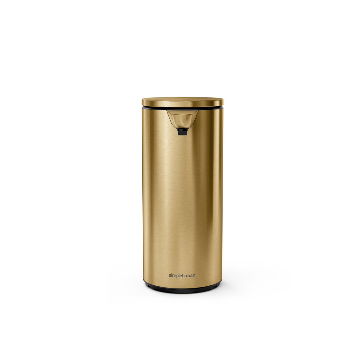 Front view of Simplehuman 9 oz. Rechargeable Sensor Pump, Brass finish, touch-free, drip-free.