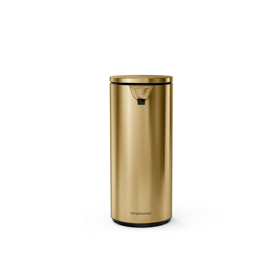 Front view of Simplehuman 9 oz. Rechargeable Sensor Pump, Brass finish, touch-free, drip-free.