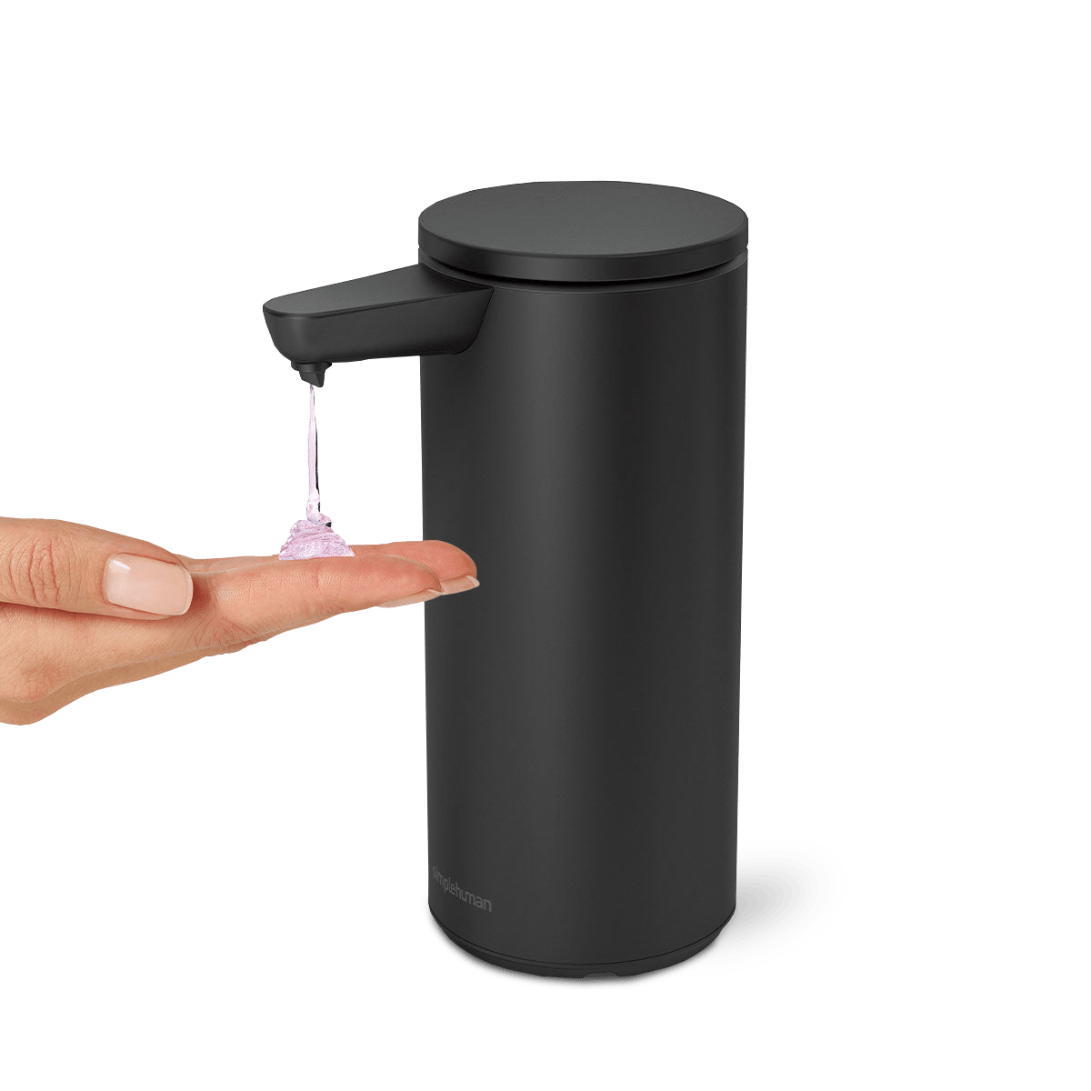 Simplehuman 9 oz. Sensor Pump, Matte Black, dispensing soap onto a hand, touch-free operation.