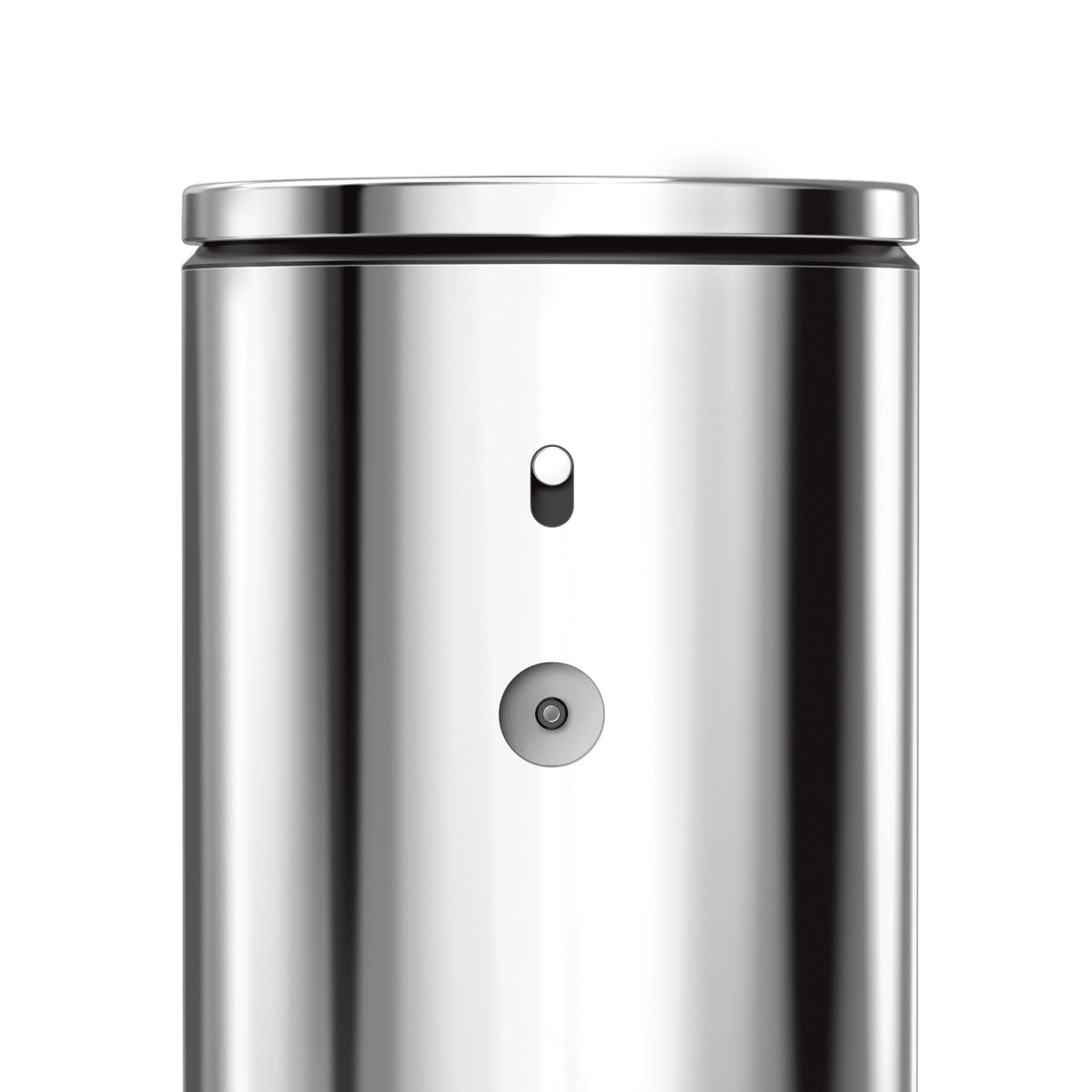 Detail view of Simplehuman 9 oz. Sensor Pump, Stainless Steel, highlighting the power switch and magnetic charge port.