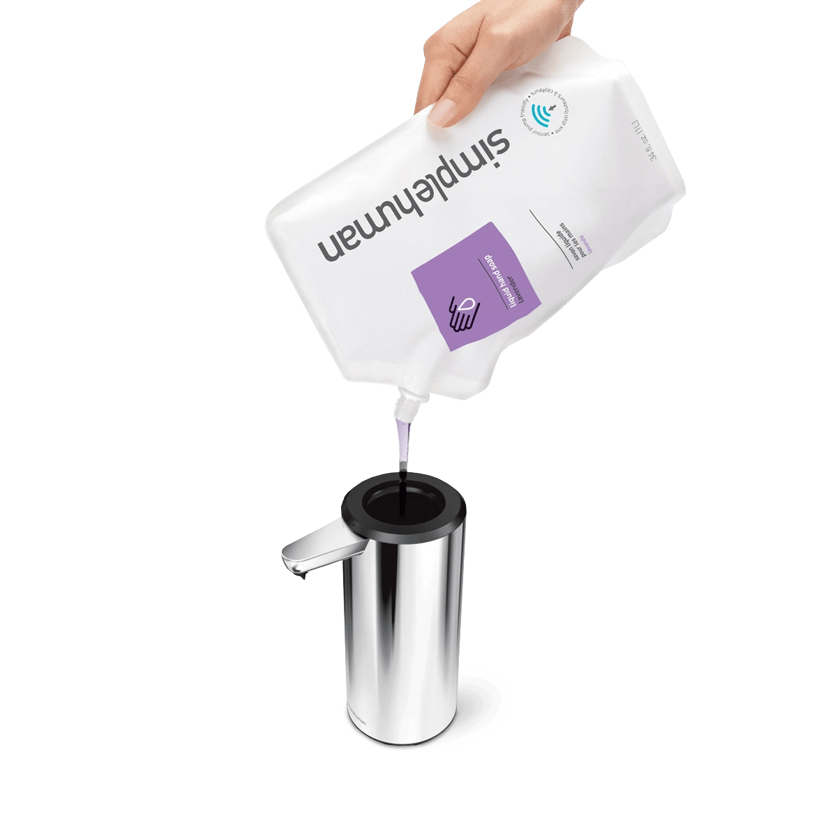 Detail view of Simplehuman 9 oz. Sensor Pump, Polished Stainless Steel, showing easy top-loading refill from soap pouch.