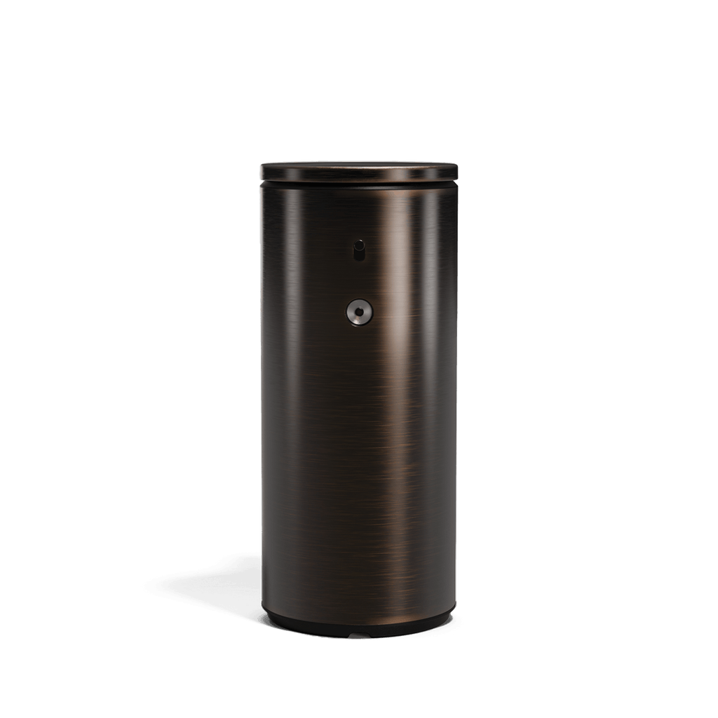 Straight studio view of Simplehuman 9 oz. Rechargeable Sensor Pump, Bronze finish, touch-free, drip-free.