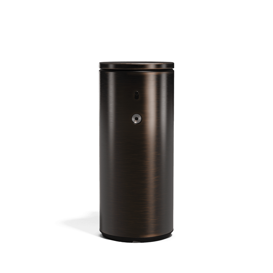 Straight studio view of Simplehuman 9 oz. Rechargeable Sensor Pump, Bronze finish, touch-free, drip-free.