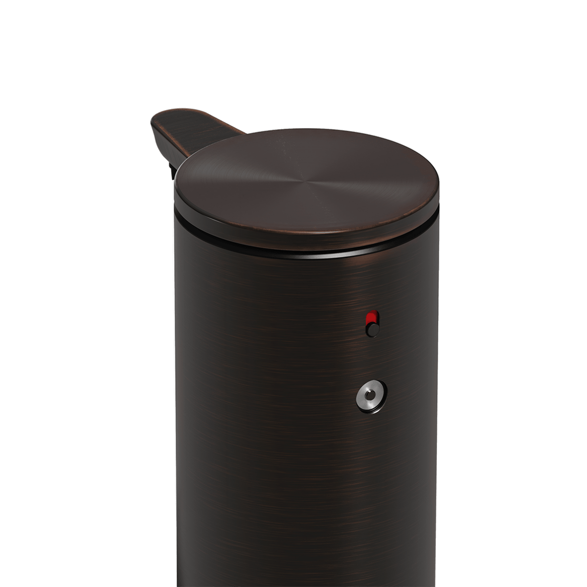 High-angle detail view of Simplehuman 9 oz. Rechargeable Sensor Pump (Dark Bronze), showing dosage control and power indicator.