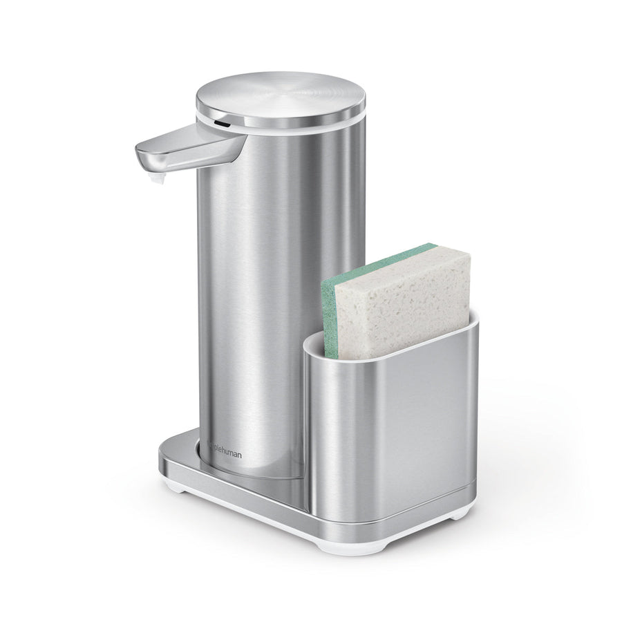 Simplehuman Brushed Stainless Steel Sensor Pump 14 oz. with Caddy and Sponge. Hands-free operation, integrated storage.