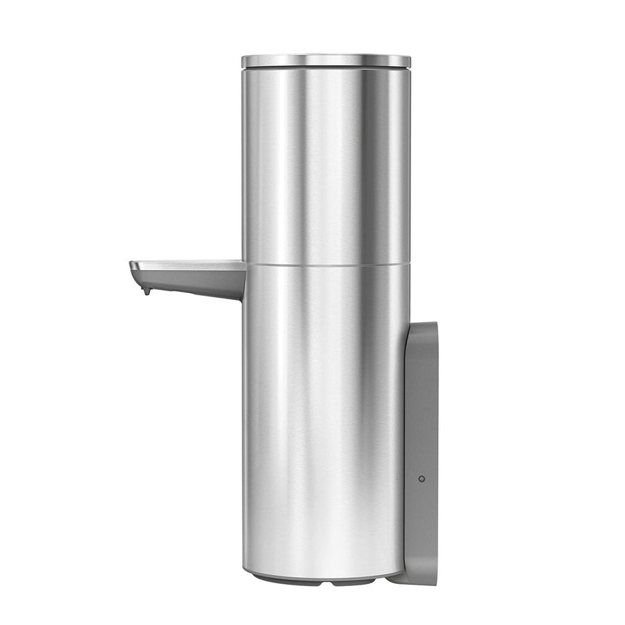Angled view of Simplehuman Sensor Pump Max in Brushed Stainless Steel, wall-mounted touch-free dispenser.