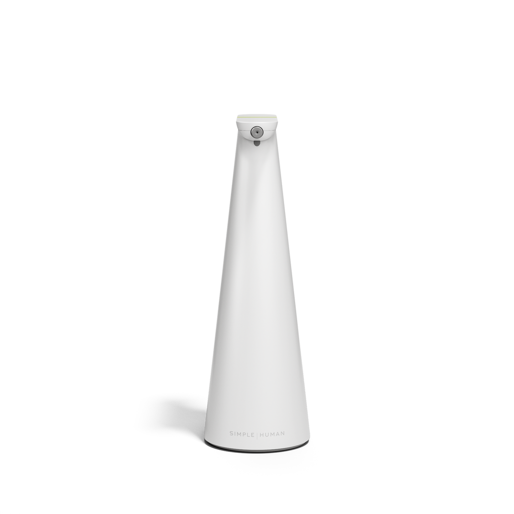 Front view of Simplehuman Sensor Spray in White, touch-free operation, automatic disinfectant spray dispenser