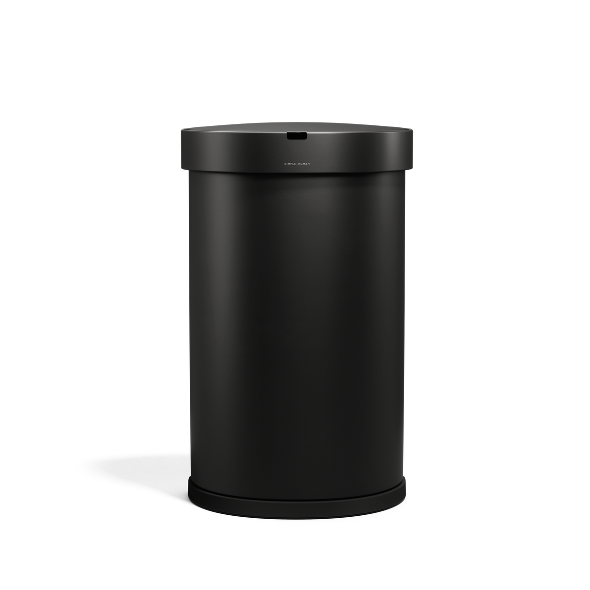 Front view of Simplehuman 45L Semi-Round Sensor Can in Matte Black, touch-free waste disposal.