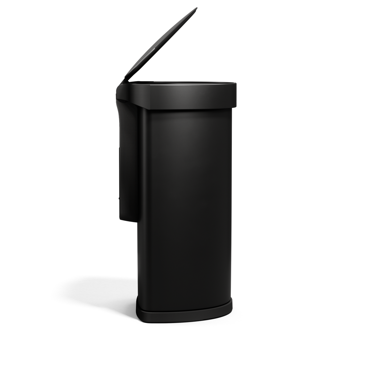 Side view of Simplehuman 45L Semi-Round Sensor Can, Matte Black, lid open, showing built-in liner pocket.
