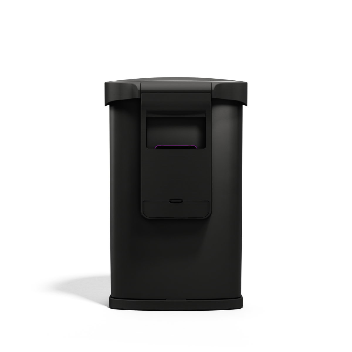 Back view of Simplehuman 45L Semi-Round Sensor Can, Matte Black, showing built-in liner pocket storage.
