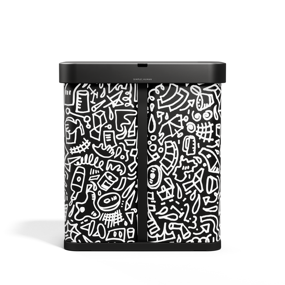 Simplehuman 58L Sensor Recycler, Doodle Art finish, touch-free dual bin for recycling.