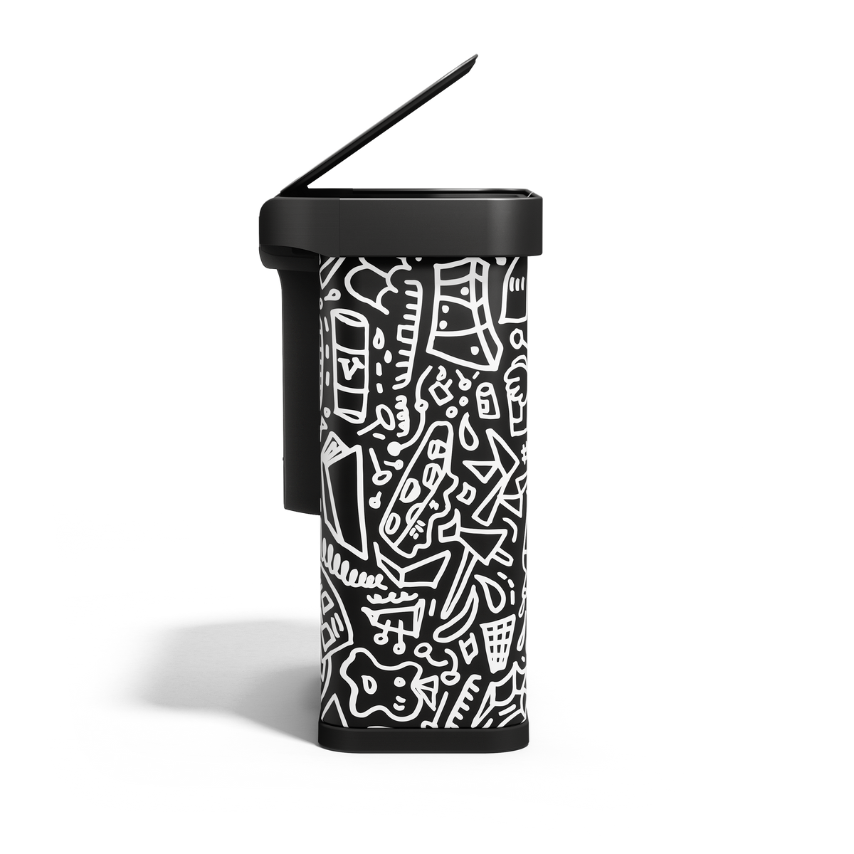 Side view of Simplehuman 58L Sensor Recycler, Doodle Art finish, touch-free dual bin with lid open.