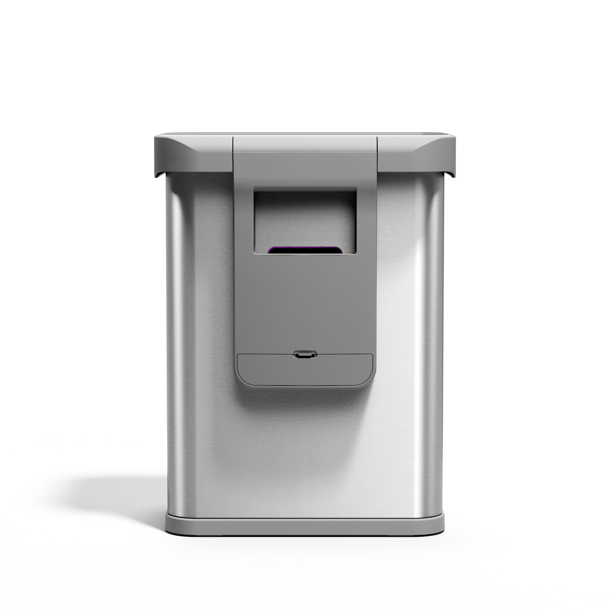 Straight-on view of Simplehuman 58L Rectangular Sensor Can in Brushed Stainless Steel, touch-free operation.