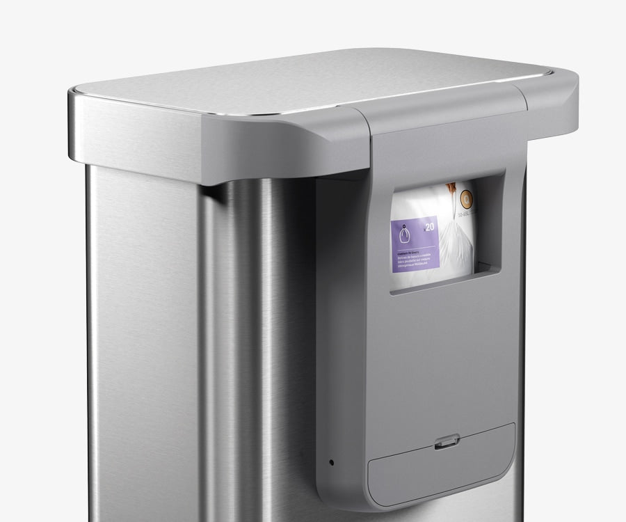 Simplehuman's Brushed Sensor Can features a black compartment that perfectly contains their code Q liner pack for quick and easy storage.