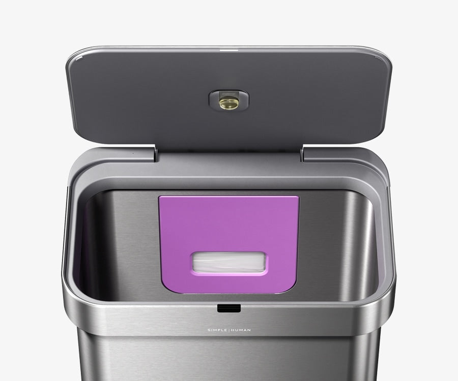 Simplehuman's Matte Gold Sensor Can features a built in liner dispenser so that liner changes can occur quickly.