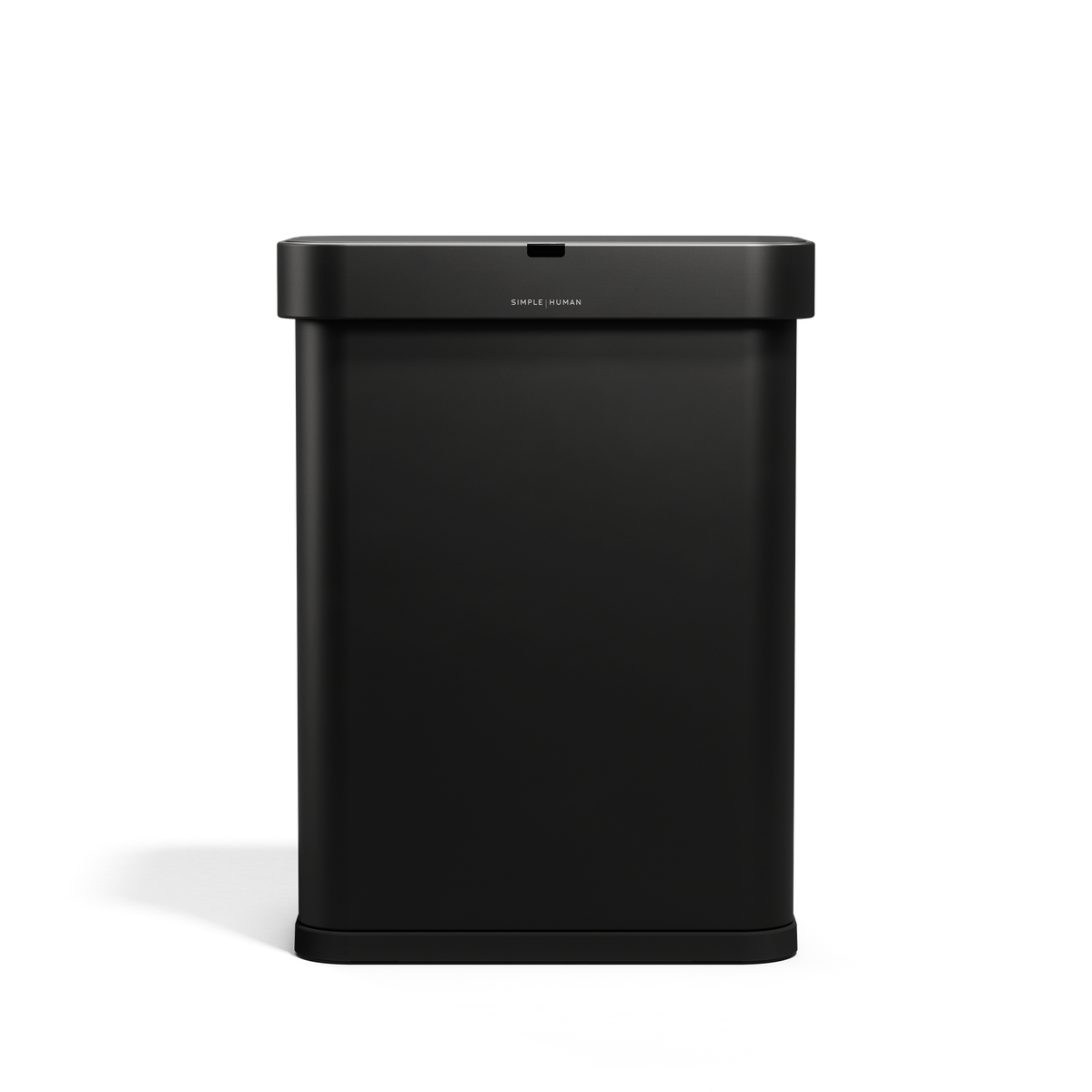 Frontal view of Simplehuman 58L Rectangular Sensor Can in Matte Black, touch-free operation.