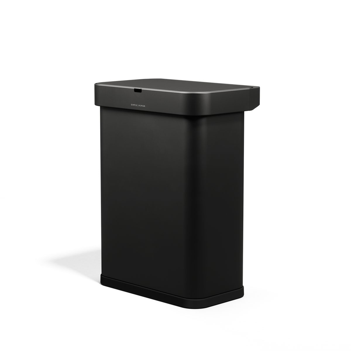 Angled view of Simplehuman 58L Rectangular Sensor Can in Matte Black, touch-free operation.