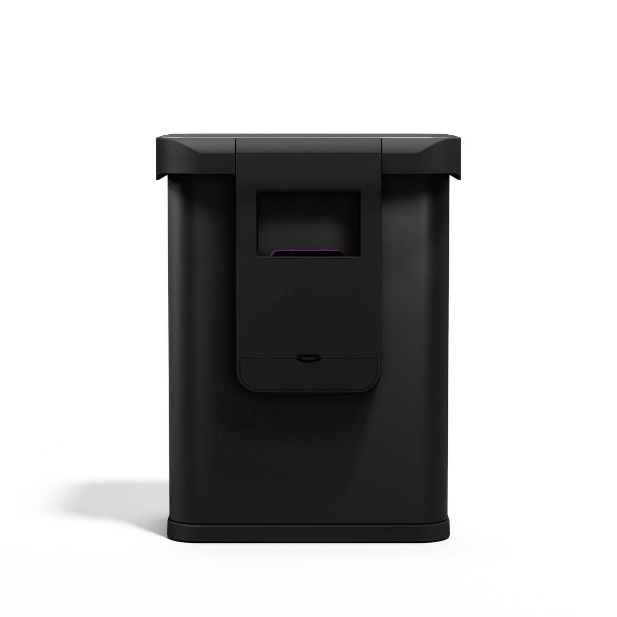 Back view of Simplehuman 58L Sensor Can in Matte Black, showing the lid hinge and rear access panel.