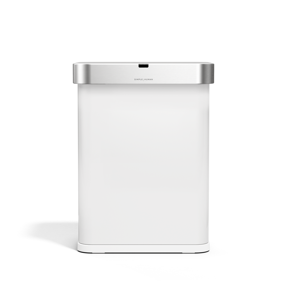 Simplehuman 58L Rectangular Sensor Can in White, Brushed Stainless Steel lid, touch-free operation.