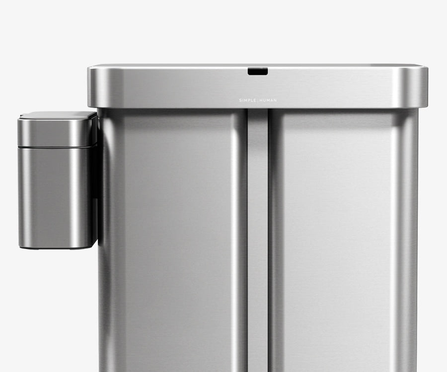 Front view of Simplehuman's Matte Gold Sensor Recycler with an optional Compost Caddy docked to the left side of the can.