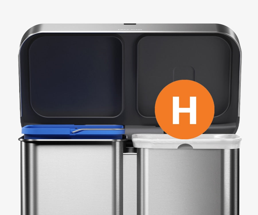 Simplehuman's Brushed Sensor Recycler showcasing that the can goes with their Code H Custom Fit liner. This image features a large orange H bubble within their can as well as a recycler bucket.