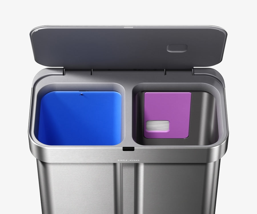 Simplehuman's Brushed Sensor Recycler features a built in liner dispenser on the non-recycler side so that liner changes can occur quickly.