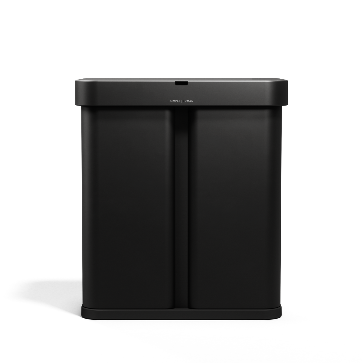 Front view, Simplehuman 58L Sensor Recycler in Matte Black, touch-free dual bin for trash and recycling.