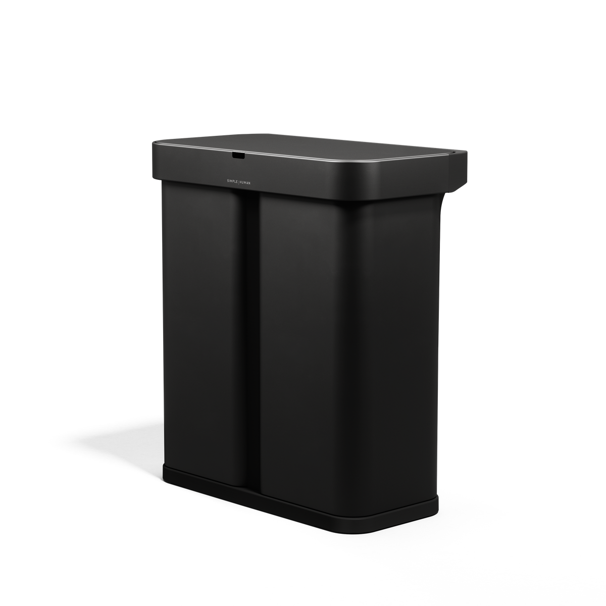Angled view, Simplehuman 58L Sensor Recycler, Matte Black, touch-free dual bin system.