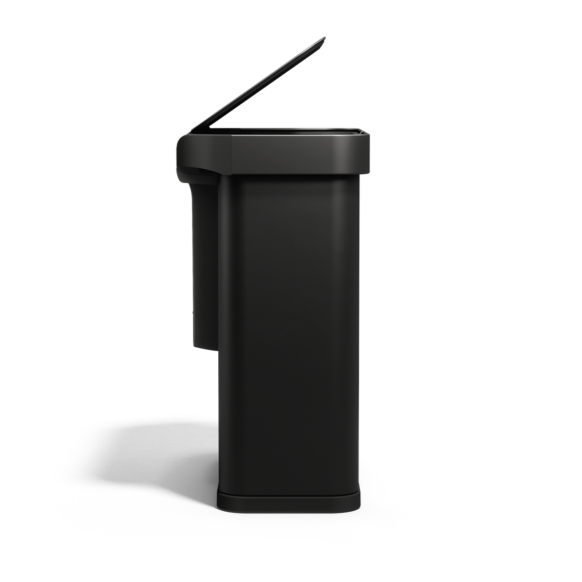 Side view, Simplehuman 58L Sensor Recycler, Matte Black, touch-free dual bin with lid open.