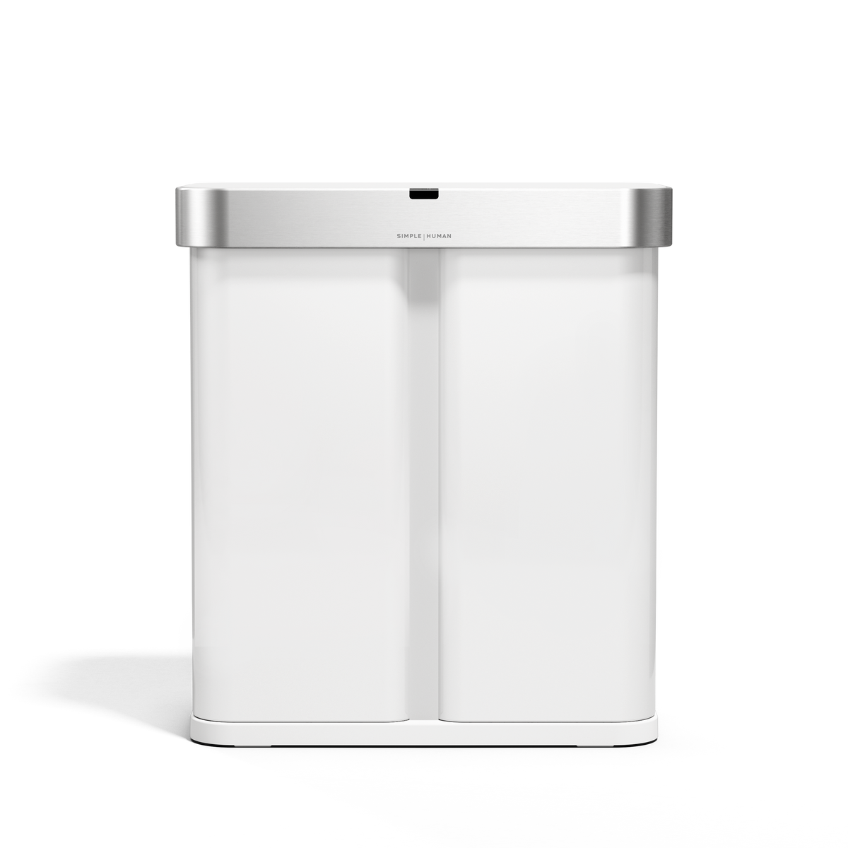 Front view, Simplehuman 58L Sensor Recycler in White/Brushed Stainless Steel, touch-free dual bin system.