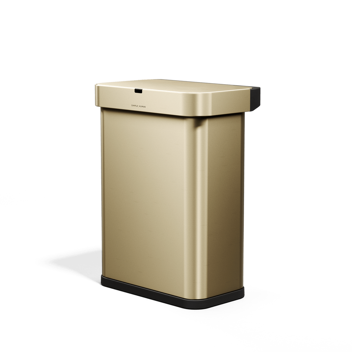 Simplehuman's Sensor Can in matte gold side angled view. 